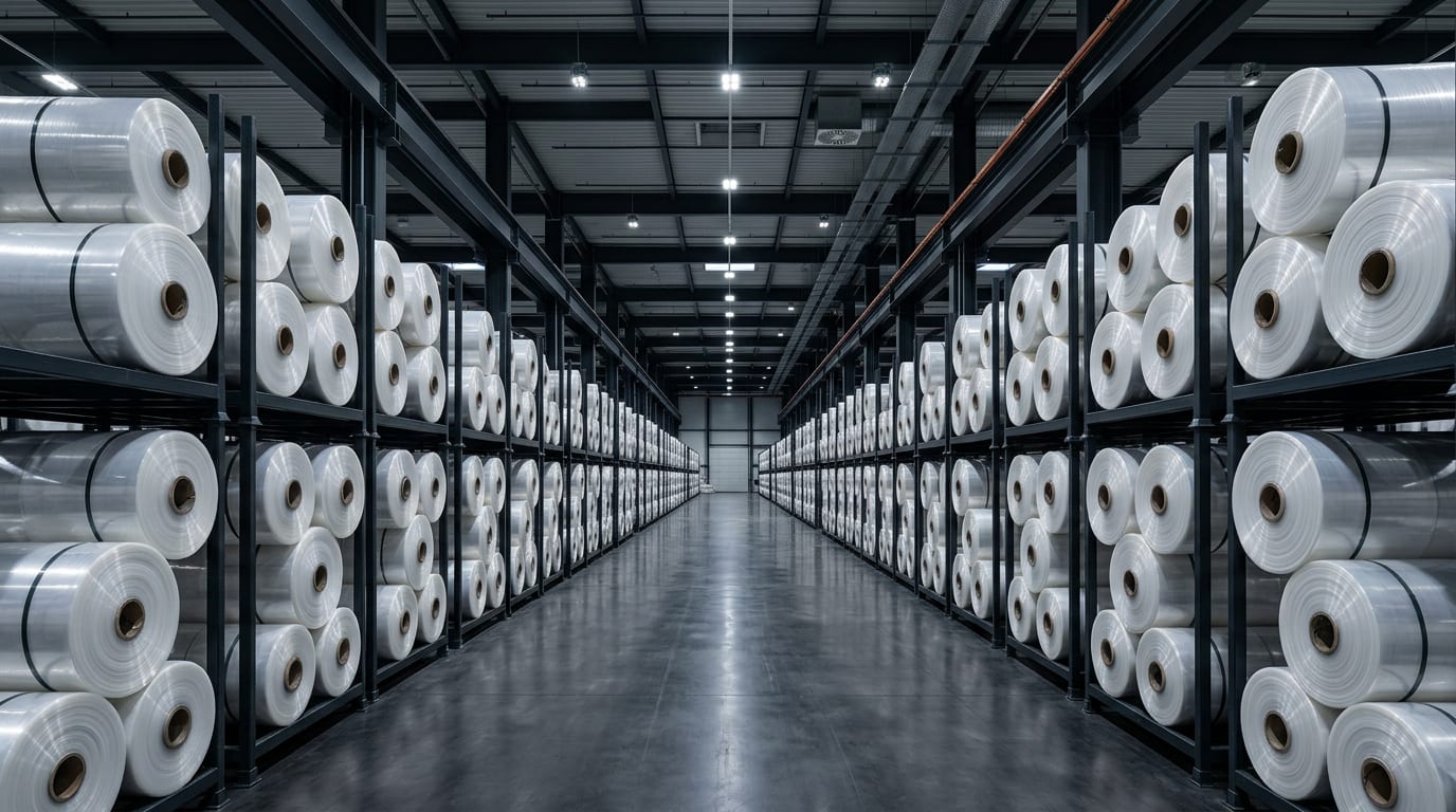 Orderly rows of transparent polymer film rolls in a clean, modern materials facility