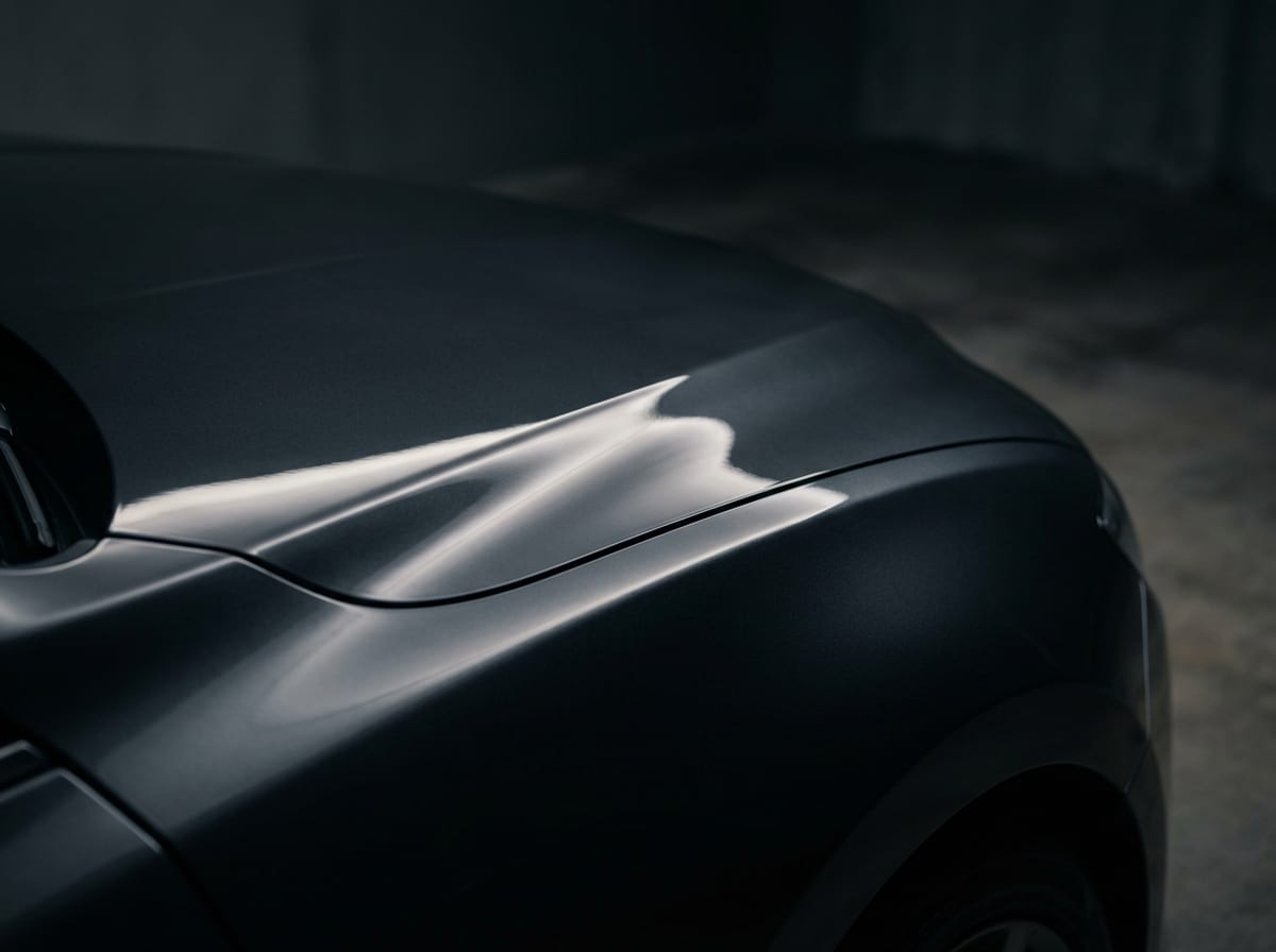Close-up of a flawless graphite metallic car hood reflecting a single strip of light
