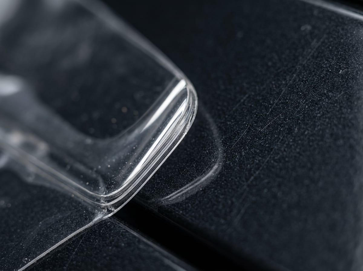 Macro view of a transparent protection film edge lifting from a dark metallic painted panel