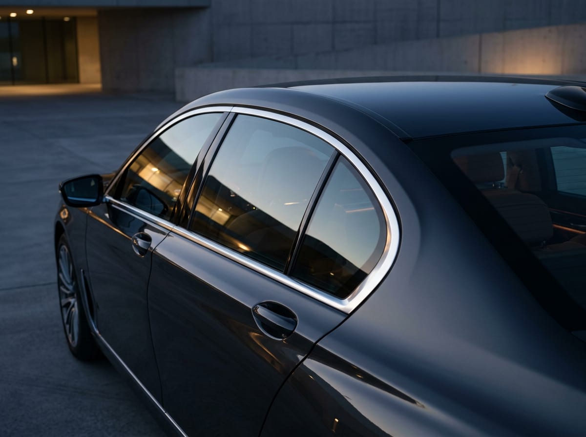 Side window and roofline of a luxury vehicle with subtly tinted glass at dusk
